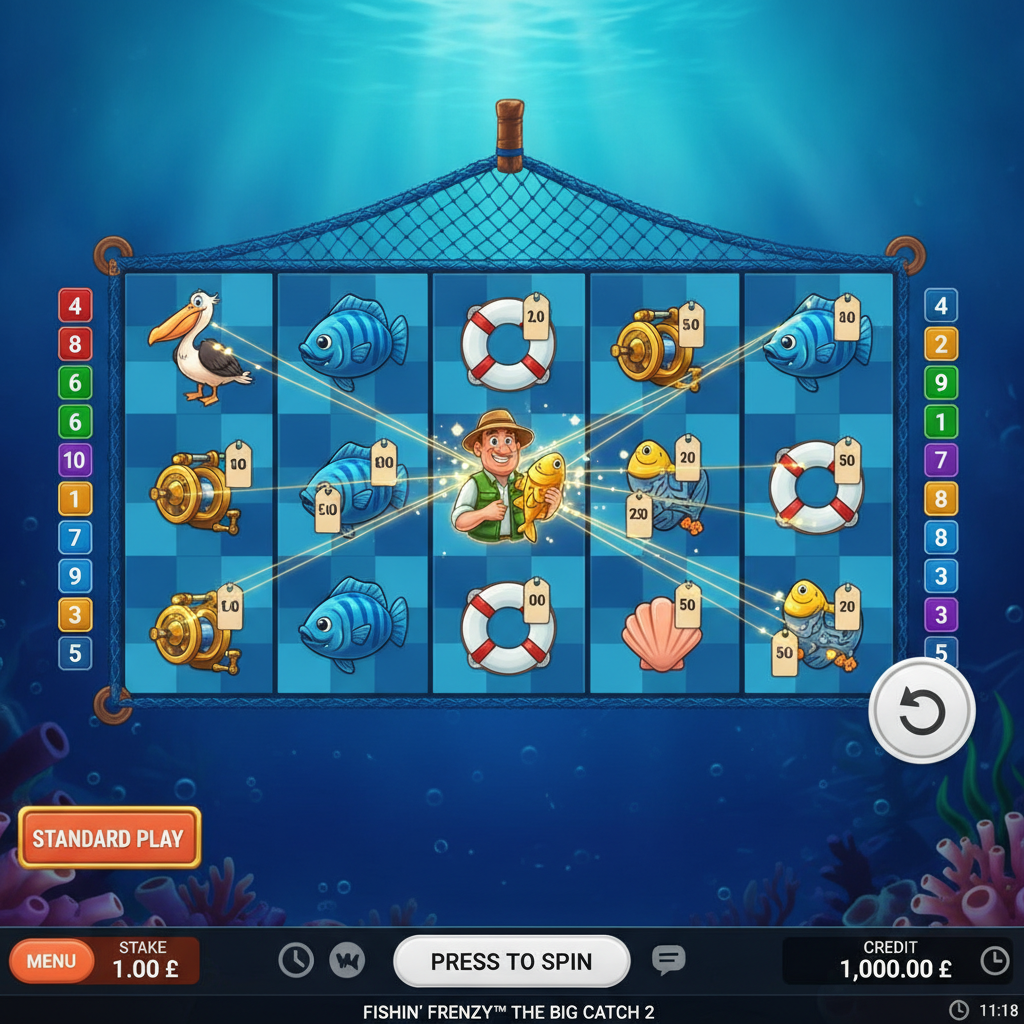 Fishin' Frenzy The Big Catch 2 slot machine: griglia 5x3 sottomarina con simboli pescatore Wild, pesci con valori premio dorati, moltiplicatori 2x-50x e giri gratuiti
