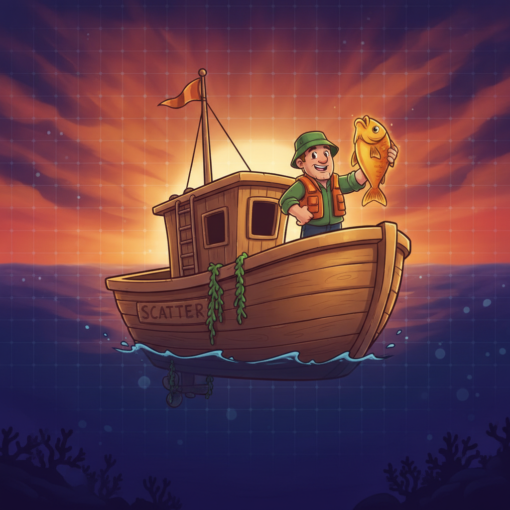 Fishin' Frenzy The Big Catch 3 Rapid Fire slot machine - barca da pesca scatter con pescatore che tiene pesce dorato, tramonto oceanico, simboli di pesci blu e dorati, tema pesca subacquea Blueprint Gaming