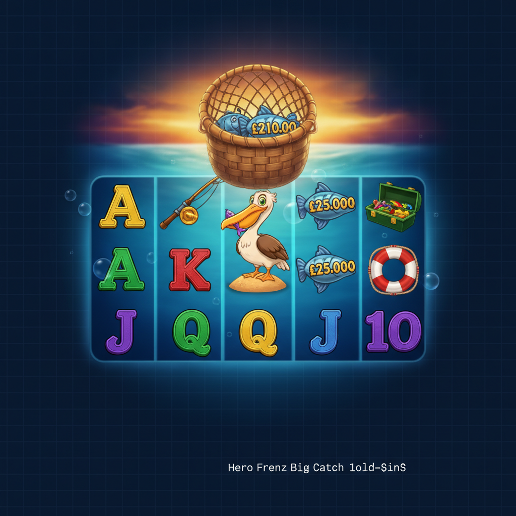 Fishin' Frenzy The Big Catch Gold Spins Slot mit Pelikan-Maskottchen, Unterwasser-Ozean-Szenerie, Sonnenuntergang-Hintergrund, Fischnetz über 5x3 Walzen, blaue Cash-Prize Fische und goldenen Wild-Symbolen
