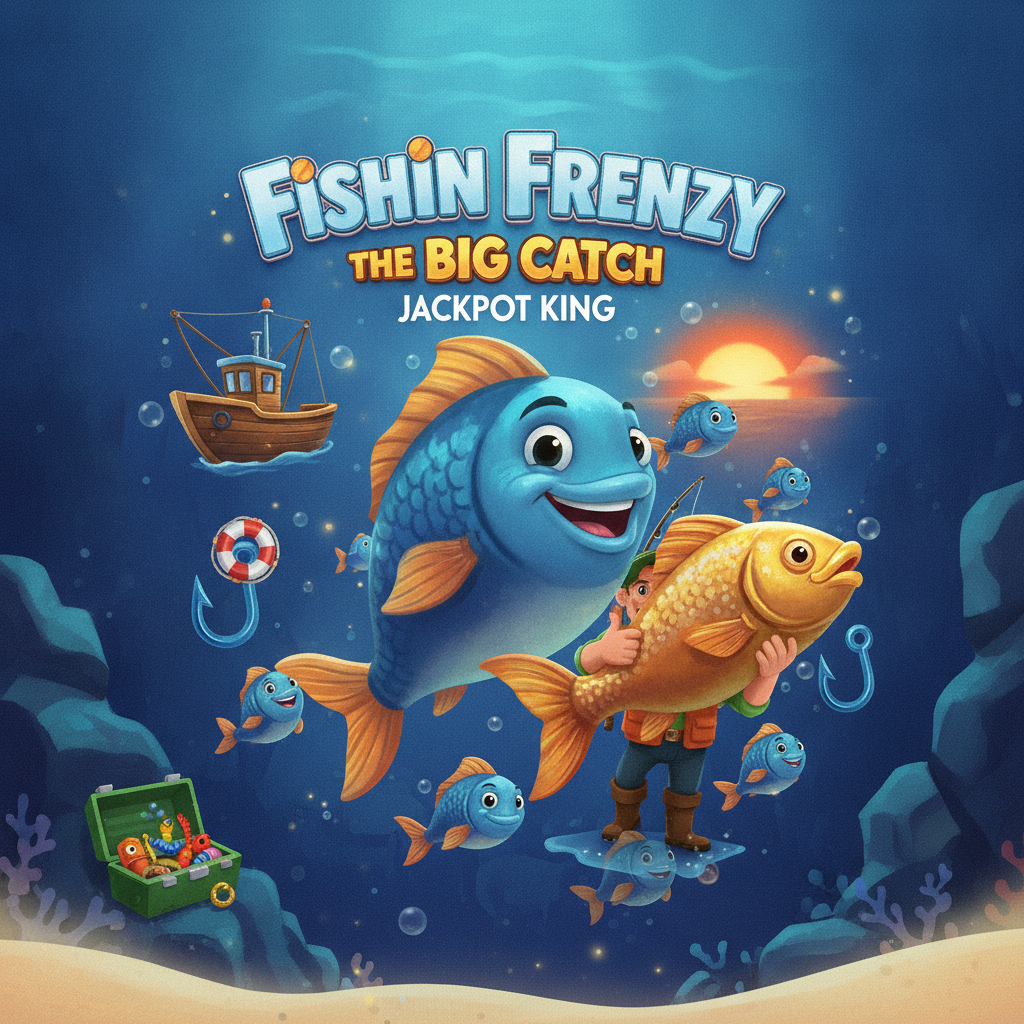 Fishin' Frenzy The Big Catch Jackpot King - slot da pesca con pescatore cartoon, barca, pesci blu e oceano, simboli scatter e bonus giri gratis