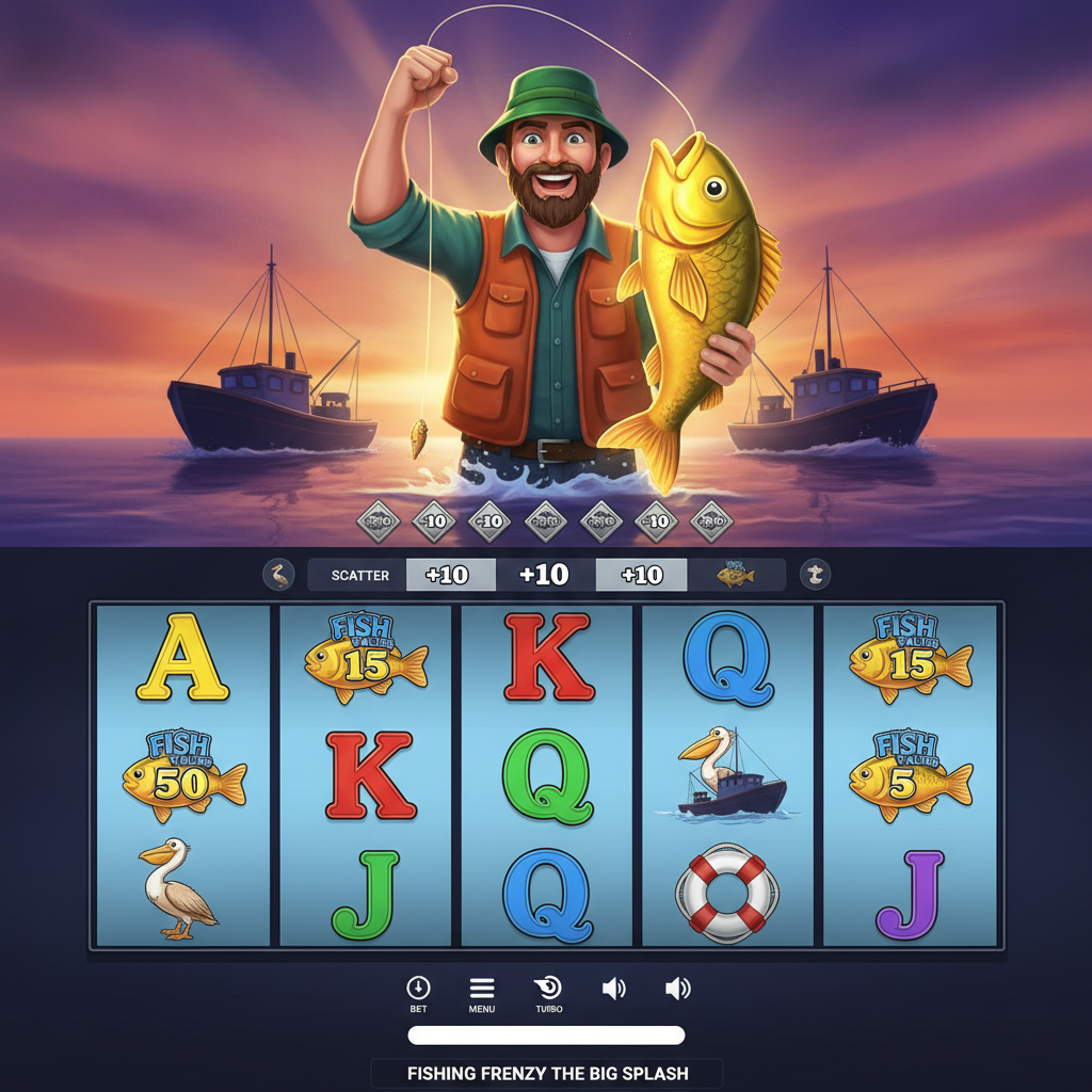 Fishin' Frenzy The Big Splash Slot - Fischer fängt goldenen Fisch bei Sonnenuntergang mit leuchtenden Walzen im Ozean-Design