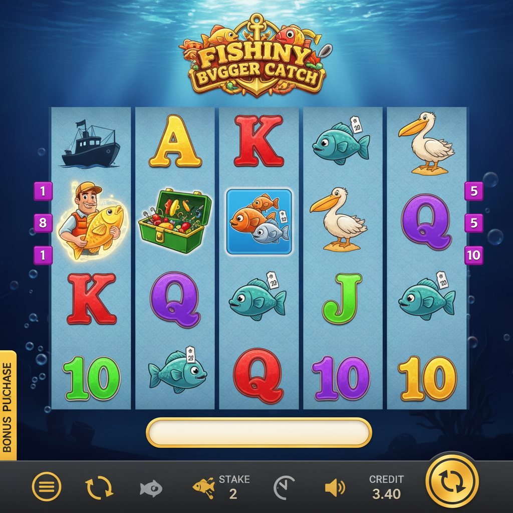 Fishin' Frenzy Even Bigger Catch slot machine con pescatore che tiene pesce dorato, rulli subacquei con simboli di pesci con valori moltiplicatori, tackle box e scatter barca da pesca su sfondo oceanico blu