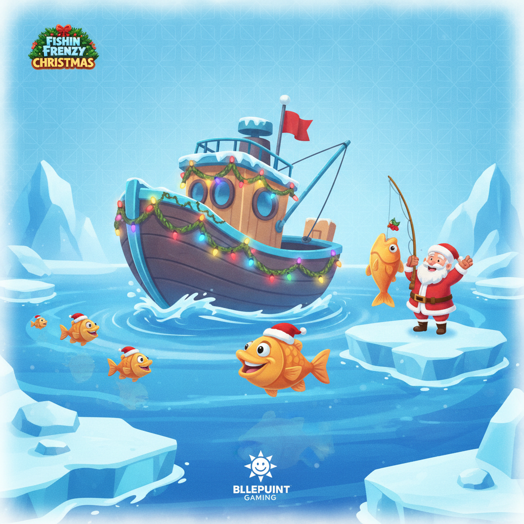 Fishin' Frenzy Christmas slot - arktyczna łódź rybacka z rybami w świątecznych czapkach Mikołaja na zamarzniętych wodach, ozdobiona świątecznymi światełkami