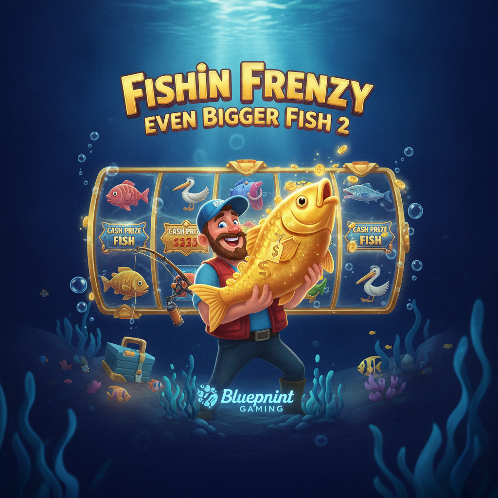 Fishin' Frenzy Even Bigger Fish 2 slot game featuring cartoon fisherman in green hat and orange plaid shirt holding golden fish, 6x4 reel grid with fishing themed symbols including pelican, tackle box, life ring, against blue ocean background with underwater seaweed and sunset sky