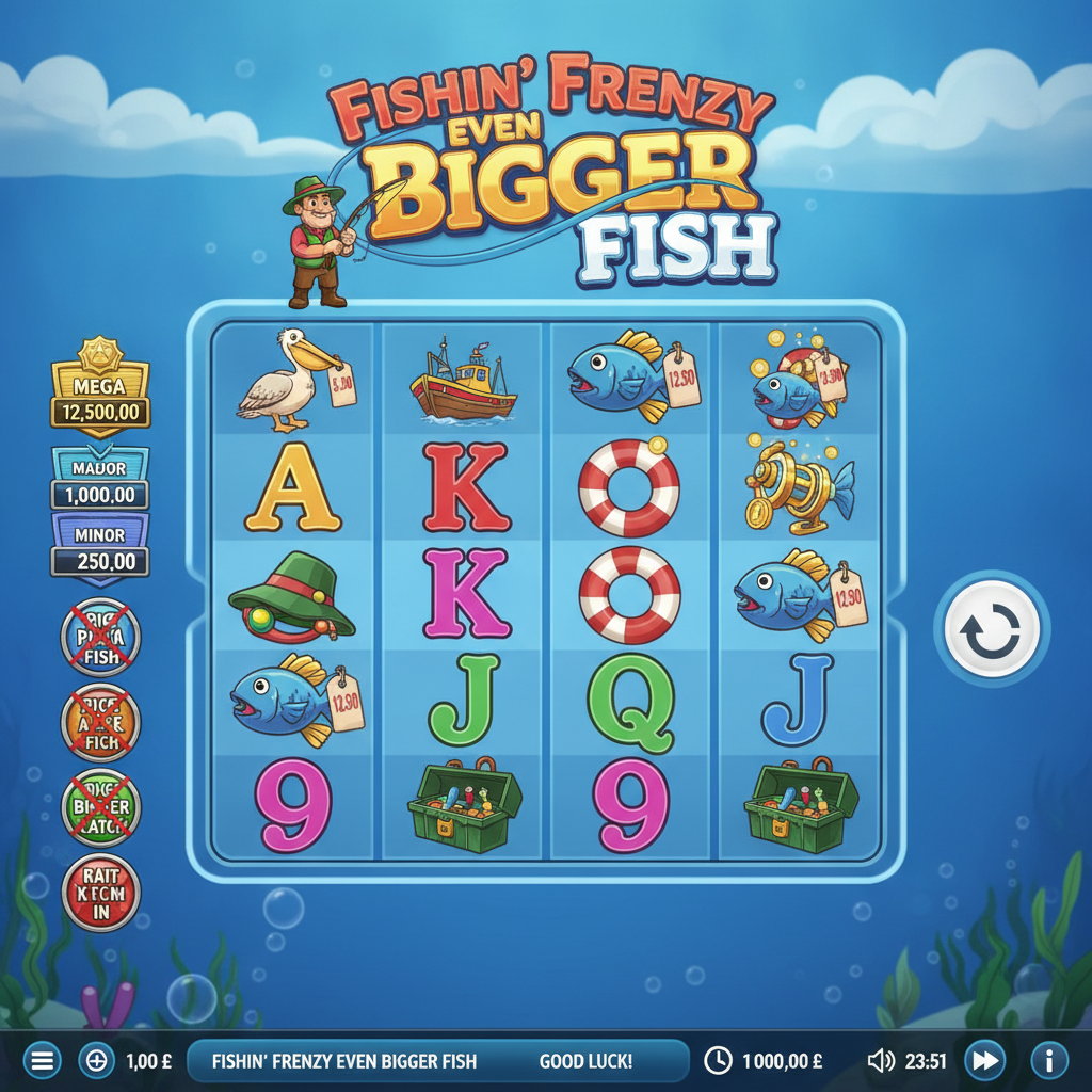 Fishin' Frenzy Even Bigger Fish Spielautomat mit Frankie dem Fischer, 6 Walzen mit bunten Meeressymbolen, Geldwert-Fischen und Scatter-Boot auf blauem Ozean-Hintergrund