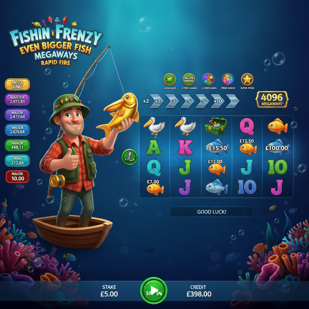 Fishin' Frenzy Even Bigger Fish 3 Megaways slot game featuring the fisherman character in green hat and red plaid shirt on his boat, with underwater reels showing fish symbols, card symbols, and Money Collect badges against deep ocean blue background