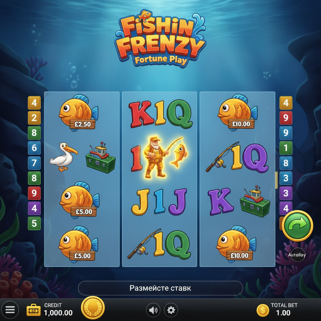 Fishin' Frenzy Fortune Play Slot mit goldenem Fischer, Unterwasser-Spielfeld, Fischerboot Scatter Symbol und 4 Fortune Play Walzen mit Fischsymbolen