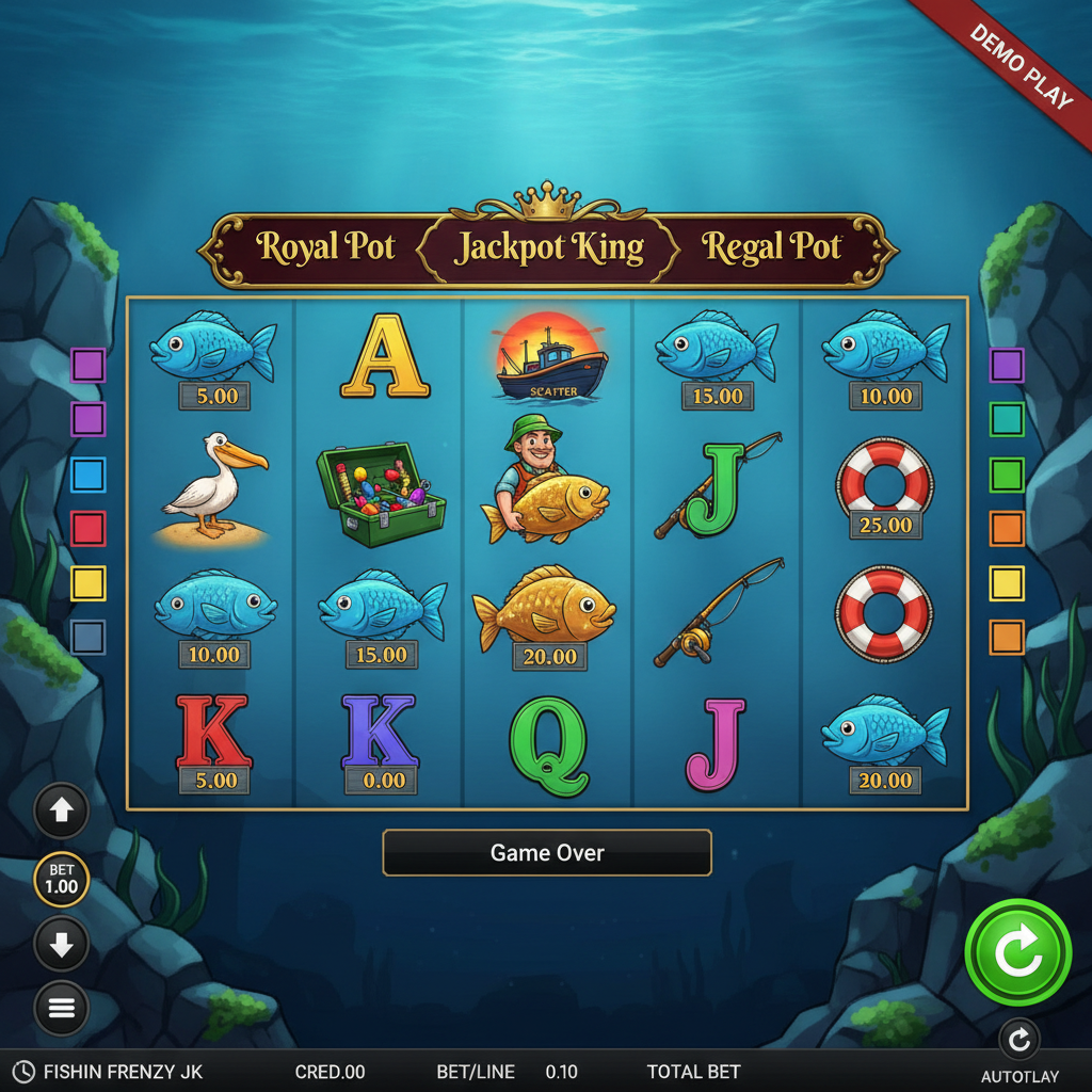 Fishin' Frenzy Jackpot King slot machine con pescatore che cattura pesci dorati sui rulli, ambientazione sottomarina con oceano blu e simboli di pesca