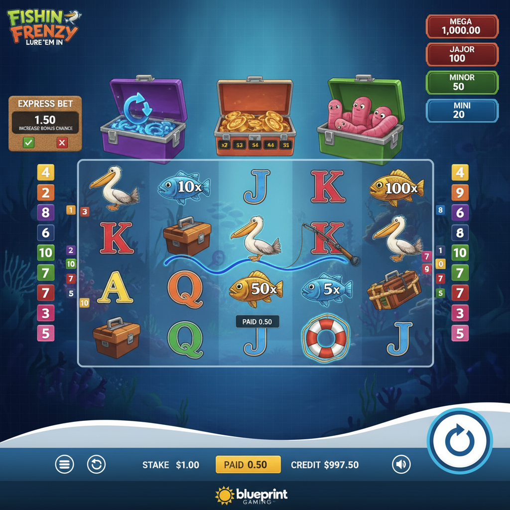Fishin' Frenzy Lure 'Em In slot game showing underwater scene with fisherman wild symbol, three colored tackle boxes, golden fish with cash prizes, pelican, life preserver and fishing rod symbols on 5x3 reels