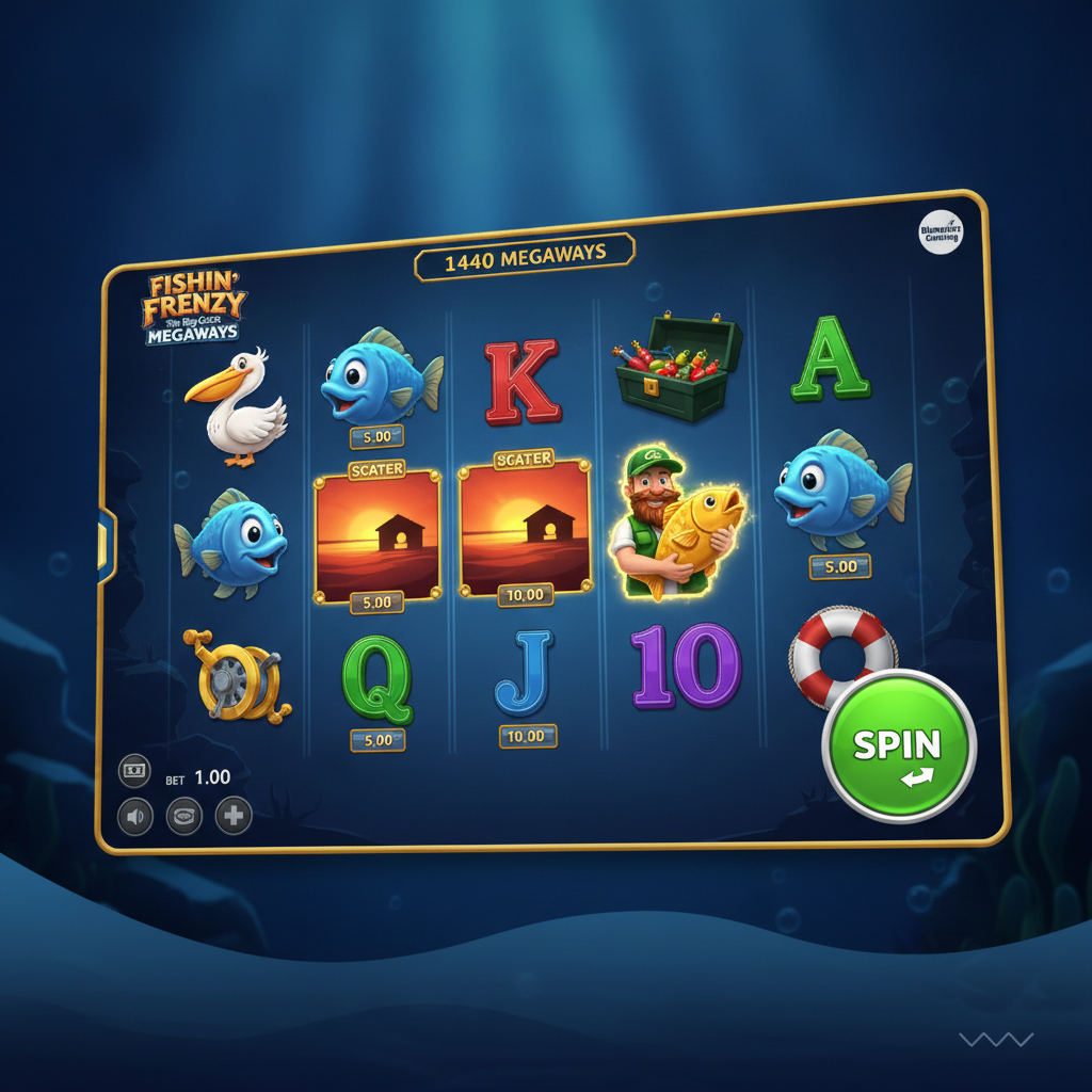 Fishin' Frenzy The Big Catch Megaways slot - scena sottomarina con pescatore, pesci colorati, 6 rulli Megaways con simboli di pesca, salvagente, uccello marino e valori delle carte su sfondo oceanico blu