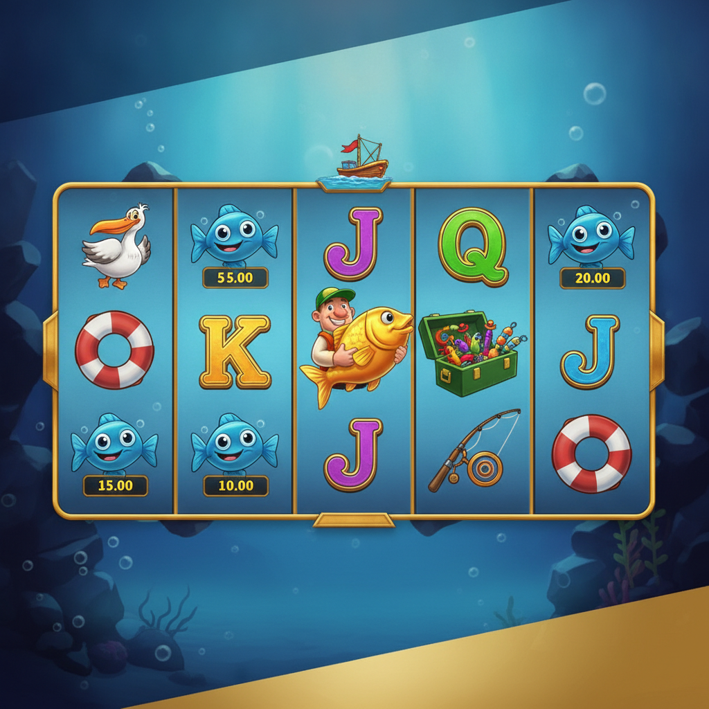 Fishin' Frenzy Megaways slot machine con 6 rulli, simboli di pesci blu con valori moltiplicatore, pescatore wild, e ambientazione sottomarina con giri gratuiti