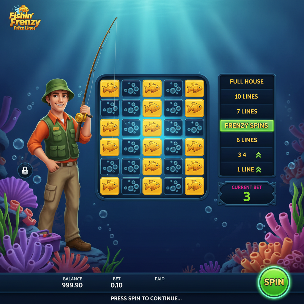 Fishin' Frenzy Prize Lines Slot: 5x5 Unterwasser-Raster mit goldenen Fischen, Fischer-Charakter und Preis-Leiter, Blueprint Gaming Spielautomat
