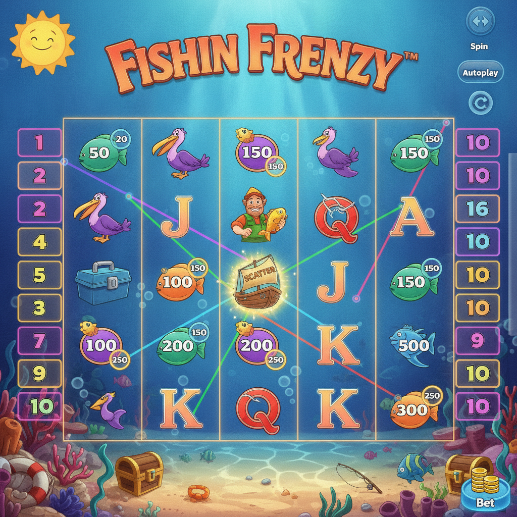 Fishin' Frenzy slot machine con 5 rulli, scena subacquea dell'oceano, simboli pescatore wild, pellicano, barca scatter, pesci con valori in denaro e linee di vincita colorate