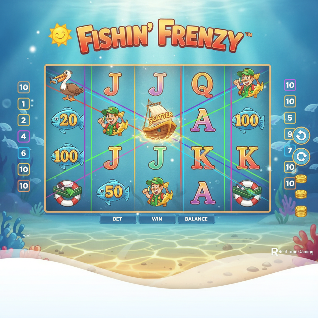 Fishin' Frenzy slot machine con rulli 5x3 ambientati sott'acqua nell'oceano, simboli pescatore wild, barca scatter, pellicano e pesci con valori in denaro su sfondo blu brillante