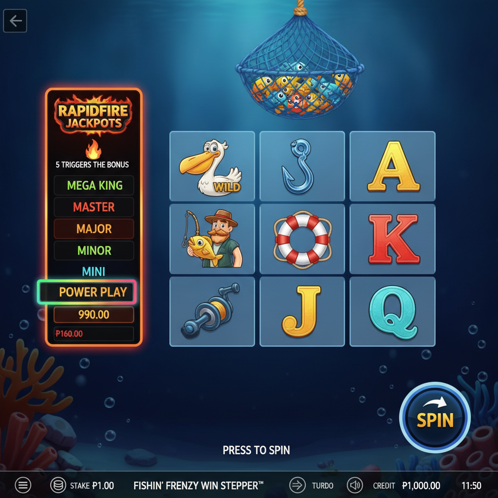 Fishin' Frenzy Win Stepper slot game showing 3x3 reel grid with underwater ocean background, cartoon pelican wild symbol, fisherman character, fishing net above reels, and Rapid Fire Jackpots panel with MEGA KING, MASTER, MAJOR, MINOR, and MINI tiers